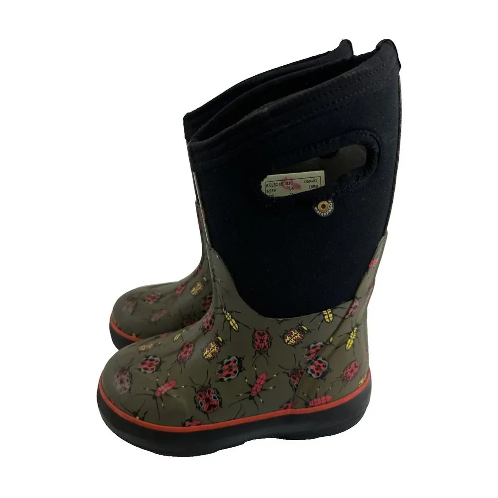 Bogs Kid Classic II Boots Insulated Pull On Bugs Waterproof Gray Red Youth 11